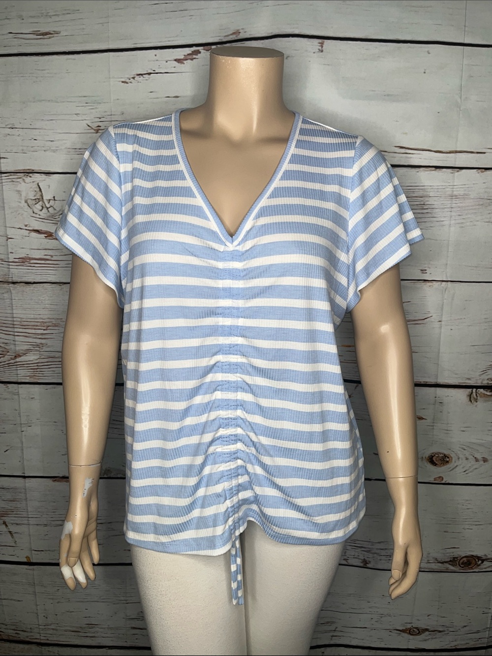 Lane Bryant NWT Size 22/24 Blue & White Stripe V-Neck Ruched Ribbed Knit Top